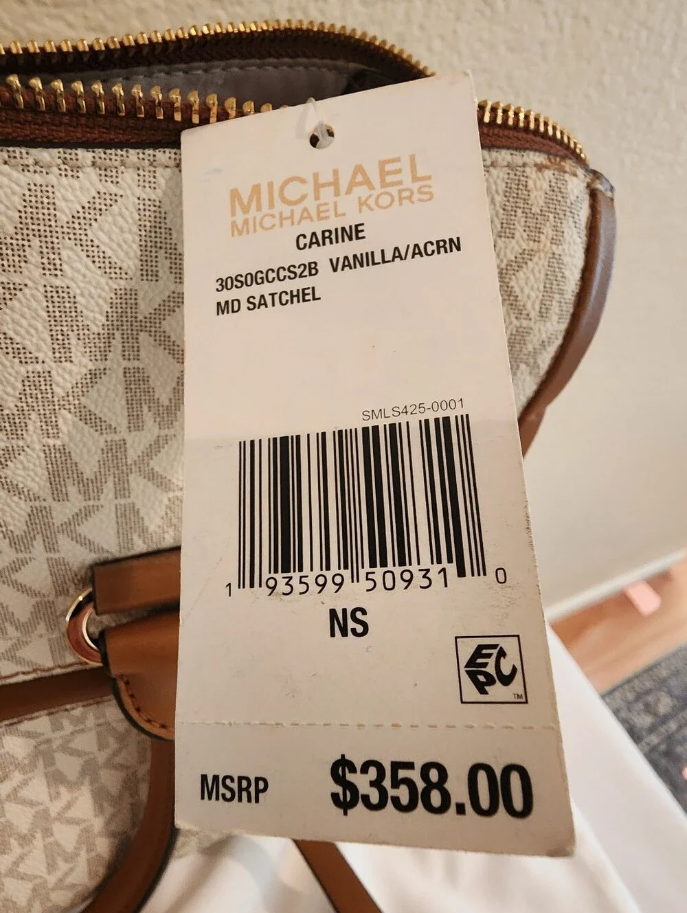 Michael Kors Carine Medium Signature Satchel Vanilla/Acorn + Dust Bag